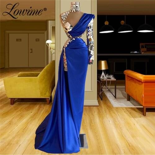 Couture 2021 Collection Royal Blue Muslim Rhinestones Evening Dresses Dubai Long Sleeve Mermaid Gown For Women Party Robes