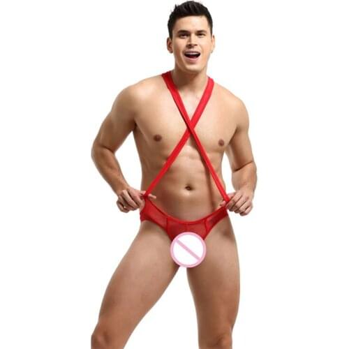 Sexy Mesh Men Undershirts Bodysuits Jockstrap Bodysuit Transparent Jumpsuit Wrestling Singlet Erotic Open Butt Catsuit