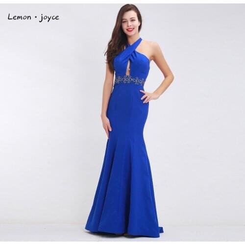 Royal Blue Prom Dresses 2020 Sleeveless Beading Sexy Halter Backless Mermaid Evening Dresses Party Gowns for Women Plus Size