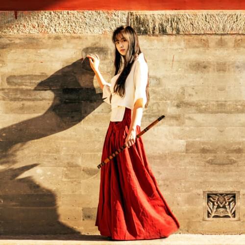 Hanfu Costume Black Long Skirt Chinese Clothes Summer High Waist Red Cotton Linen Retro Maxi Skirt Saia Longa Jupe Faldas Largas