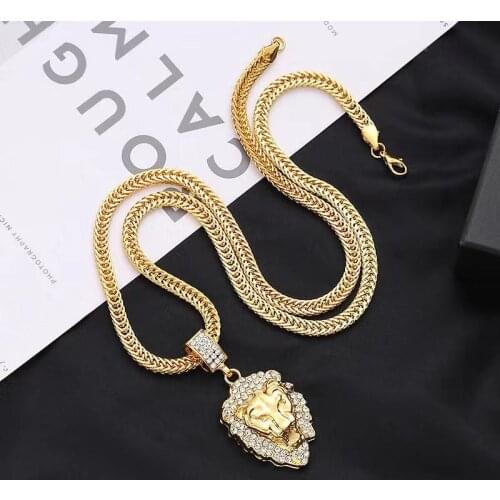 2021 European and American hip hop Square Gold Rhinestone Metal Necklace lion head pendant exaggerated Necklace Jewelry