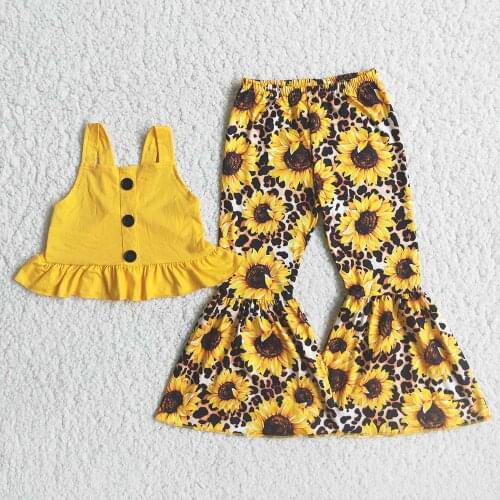 Cute Kids Yellow Tank Vest And Sunflowers Beller Pants Clothing Set Baby Girls Fashion Summer Sleeveless Outfit With Button