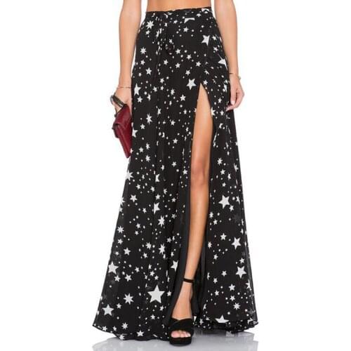 Queechalle Summer Style Women Skirts S-3XL Plus Size Black Vintage Maxi Skirt High Waist Starts Printed Sexy Split Long Skirt