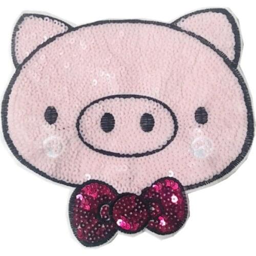 50pcs/Lot Embroidery Patches Letters Clothing Decoration Accessories Animal Sequins Pig Head Diy Iron Heat Transfer Applique