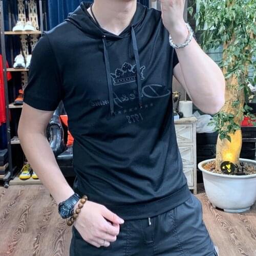 2021 summer new trend hot diamond short sleeve T-shirt mens young and middle-aged solid color hooded slim print thin coat