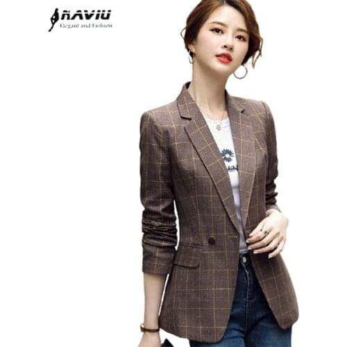 Coffee Plaid Jacket Women Spring Fashion Slim Long Sleeve Temperament Casual Blazer Office Ladies Work Coat