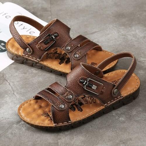 Summer Mens Sandals Genuine Leather Men Slippers Outdoor Breathable Beach Slippers For Men Soft Comfortable Casual Wading Shoes