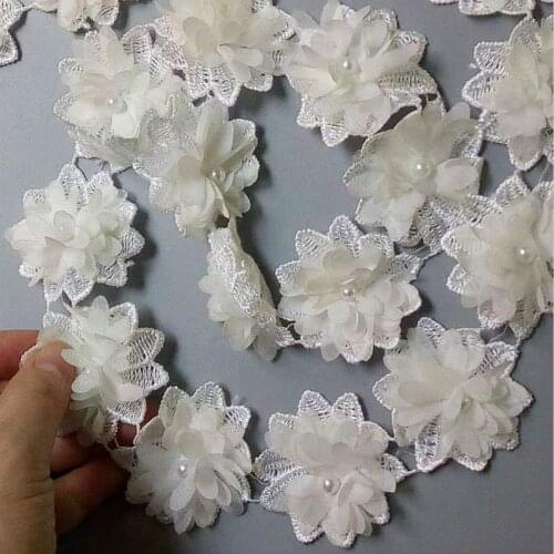 50x White Flower Chiffon Pearl Embroidered Lace Trim Ribbon Fabric Handmade DIY Sewing Craft For Costume Hat Shoes Decoration