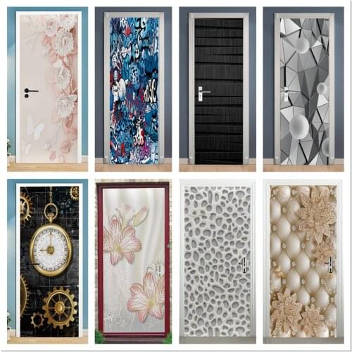 Modern Design Flower Door Sticker Geometry Graffiti Wooden Grain Wallpaper Wardrobe Push Door Renovation Mural Peel And Stick