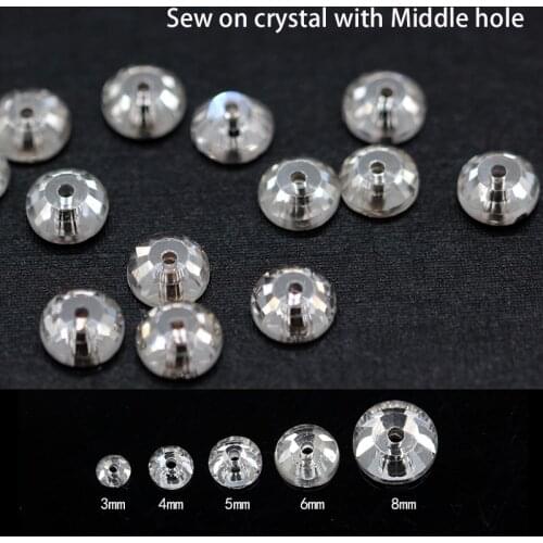 3/4/5/6/8mm round flatback sewing glass stone Sew On Rhinestone jewels diamante 1Hole crystal beads Shoes Bags clothes accessory