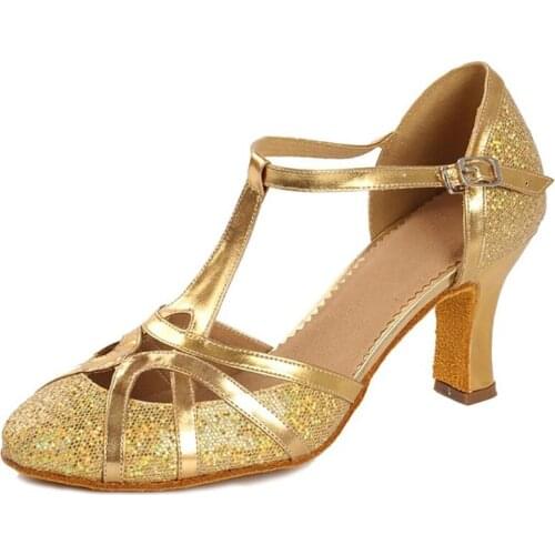 USHINE heel 7 cm / 5 cm gold glitters Zapatos Salsa Mujer ballroom Zapatos De Baile Latino Mujer ballroom Latin dance shoes woma