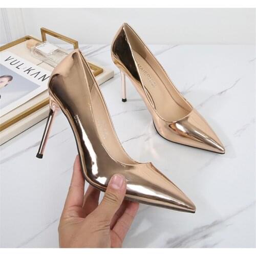 Fashion Leather High Heels Women Pumps Shoes Sexy Gold Silver Heels 2021Pointed Party Wedding Wedding Shoes Woman Large Size 46