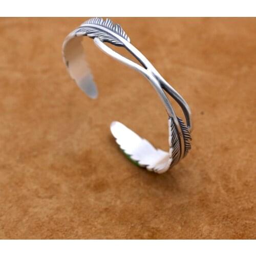 S999 Sterling Silver Jewelry Retro Thai Silver Male And Female Models Trendy Fashion Double Feather Matte Open Ended Bangle