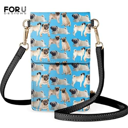 FORUDESIGNS Female Leather Shoulder Coin Bag Cute Pug Printed Lady Fashion Crossbody Mobile Phone Pouch Transparent Touchscreen