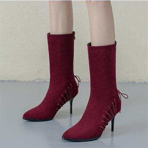 Autumn Winter Women Ankle Boots Shoes Solid Wine red Black Lace-up Pointed Toe Rubber Elegant Sexy Thin High Heels Women Boots