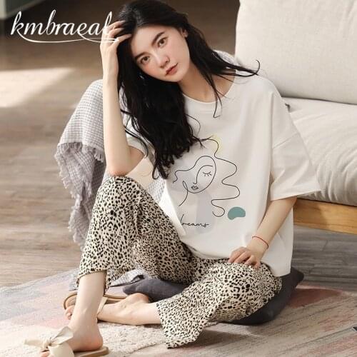 Ladies Pajamas Set Summer/Spring New Cartoon Zebra Printed Sleepwear O-Neck Top+Pants 2Pcs Korean Style Thin Large Size Homewear