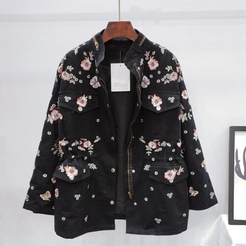 2021 Autumn Streetwear Fashion Embroidery Flowers Beading Trench Coat Women Mid Long Tooling Drawstring Black Windbreaker Female