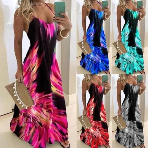 Women Sexy Floral Print V-Neck Sleeveless Spaghetti Strap Large Swing Long Dress Robe Autumn Casual Long Dresses