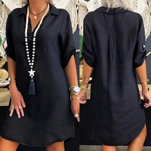 Women Shirt Dress Ladies Casual Plus Size Solid Cotton Linen Turn-Down Collar Loose Elegant Blusas mujer Dropshipping