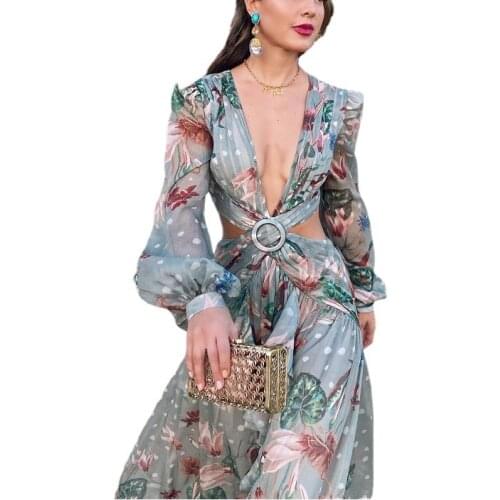 2021 Summer Autumn Floral Print Chiffon Dress Women Criss Cross Low Cut Deep V Neck Bohemian Beach Sexy Dresses Female
