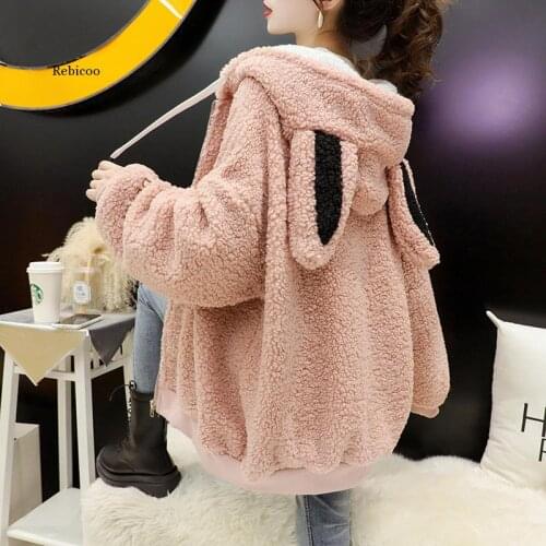 Jacket women solid color hoodies autumn winter imitation lamb wool korean loose plus velvet thick zipper sweatshirt tops