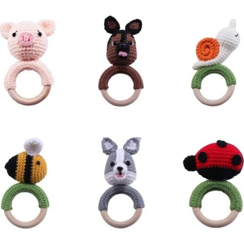 1Pc Baby Rattle Toys Wooden Teether Crochet Pattern RattlePig Husky Snail Bee Toy Newborn Gift Baby Teether Crochet