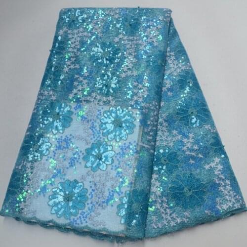 5yards/pc) High quality sky blue African sequins tulle lace fabric beautiful embroidered French net lace for party dress FLP184