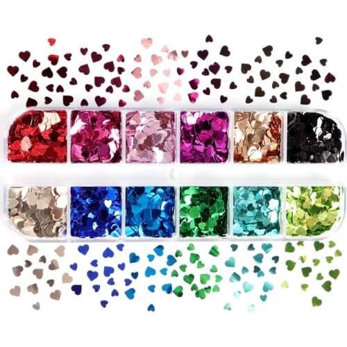 12 Grid/Set Love Heart Nail Sequins Mixed Size Red Colorful Glitter Flakes Sparkling Paillette Nail Art Decorations Accessories
