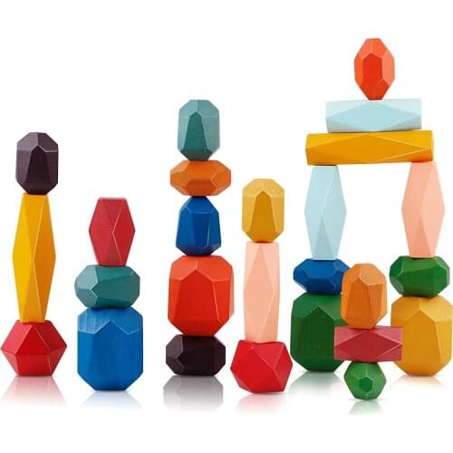 26PCS Wooden Rocks Stones Wood Balance Stacked Stone Blocks Set Game Natural Colored Building Block Montessori Toys Educational
