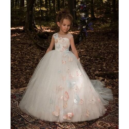 Elegant Trailing White Tulle Ball Gown Flower Girl Dress Butterfly First Communion Dress For Girls Kid Peagant Wedding Gown