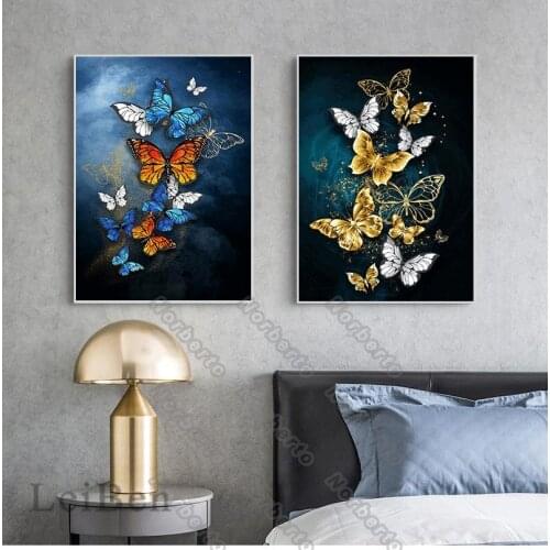 Modern Style Canvas Painting Wall Poster Various Butterflies Specimens Blue Golden Red White Colors for Home Rooms Wall Decorati
