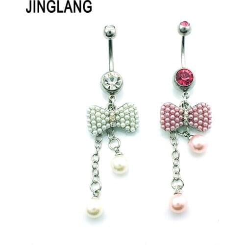 JINGLANG New Belly Button Rings Surgical Steel Atificial Pearl Dangle Bowknot Navel Piercing Jewelry for Women Body Jewelry