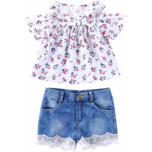 Girls Clothing Set Dress Newborn Infant Baby Girls Off Shoulder Print Tops Shirt+Denim Pants Princess Outfits Sets For Girls