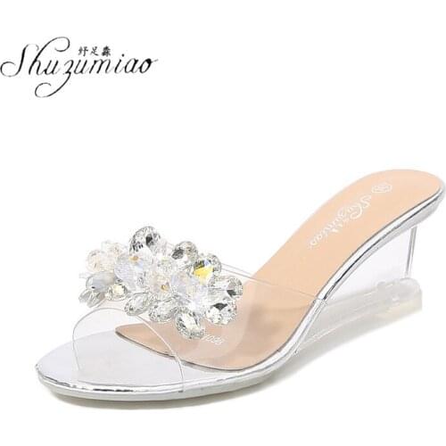 SHUZUMIAO Summer Newly Arrived Women Slippers Flowers Wedges Peep Toe Sandal Shining Diamond Sexy Transparent High Heel Shoes