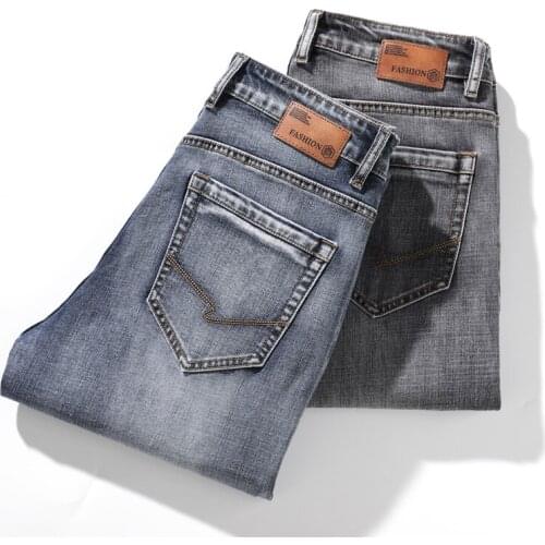 2021 Autumn New Classic Mens Slim-fit Stretch Jeans Business Fashion High Quality Light Grey Denim Pants Male Brand Trousers