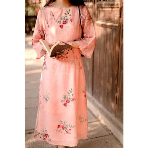 2021 Spring and Summer New Retro Cheongsam Improved Version Dress Literary Chinese Style Printed Republic of China Style Qipao