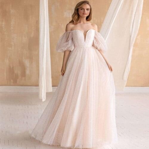 Off the Shoulder Chiffon A Line Wedding Dresses Scoop Short Sleeves Vestido De Noiva Court Train Button Illusion Bridal Gowns