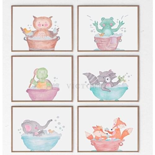 Animal In Bathtub Poster Print Raccoon Foxes Elephant Turtle Watercolor Canvas Painting Nursery Wall Art Nordic Kids Room Decor