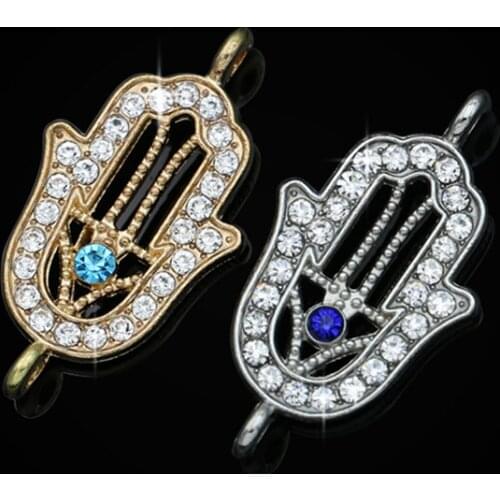 Silver Plated Crystal Fatima Hand Evil Eye Charm Connector for Jewelry Making Bracelet Accessories Findings Handmade 28x15mm