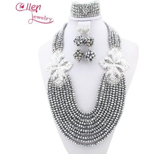 Handmade African Wedding Bridal Jewelry Set Silver Crystal Beaded Necklace Fashion Nigerian wedding Party Beads Set W8622