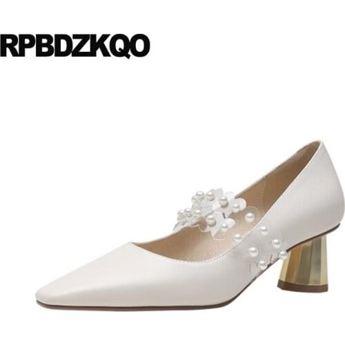 Thick Japanese Metal Pumps Party Shoes For Women Square Toe European Beige Pearl Black Strap Girls Mary Jane Ladies High Heels