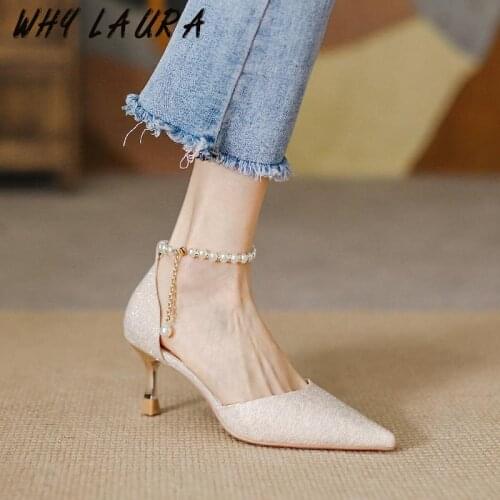 Evening wind new 2021 hollow single shoe small green pearl fairy wrapped head thin heel high heel fashion beauty all-match comfo
