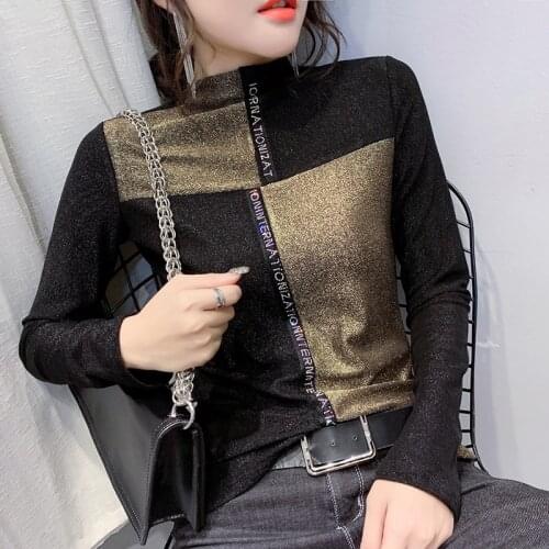 European Clothes Patchwork Shiny T-shirt Women 2021 New Autumn Winter Color Blocking Tops Bottoming Shirt Tees