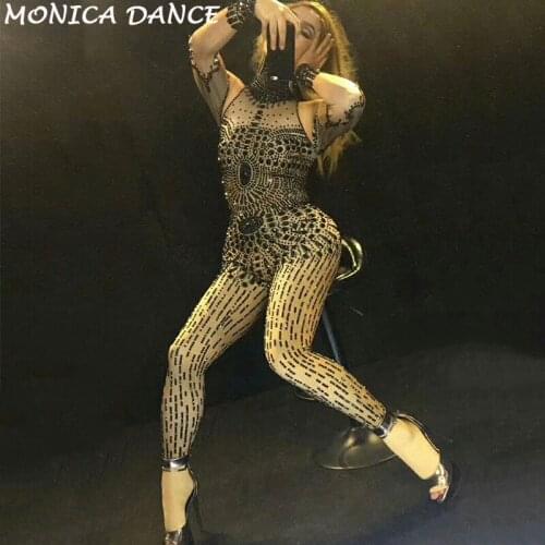 Women Sexy Stage Black Rhinestones Jumpsuit Stage Performance Outfit Party Celebrate Glisten Crystals Costume Stretch Bodysuit