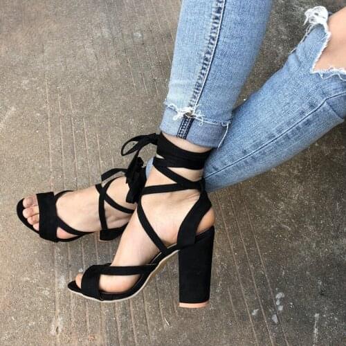 2018 Women Suede Block heel Sandals Pumps Lace Up Chunky Sandals Thick heeled Woman Summer Shoes Slippers