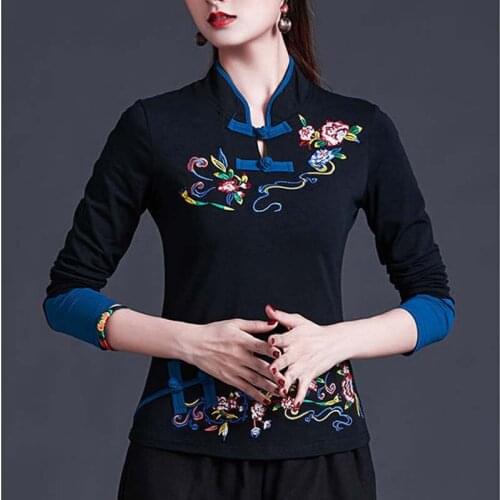 Cheongsam Womens Plus Size Tops 2021 Autumn Cotton Blend Stand Collar Color Splicing Skinny Chinese Style Qipao Shirts Woman