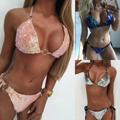 Womens Sequin Triangle Bra Bikini Set Push Up Beach Swimwear Bathing Swimsuit 2020 New Style Bikinis Set