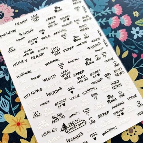 Newest TSC-147-148 Black and white English 3d nail art sticker nail decal stamping export japan designs rhinestones decorations