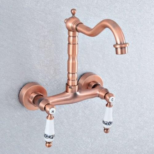 Antique Red Copper Wall Mount Kitchen Sink Faucet Swivel Spout Mixer Tap Dual Ceramics Handles Levers asf905