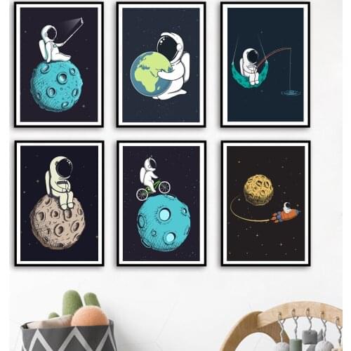 Astronaut Space Fishing Cycling Selfie Nursery Wall Art Print Canvas Painting Nordic Poster Wall Pictures Baby Kids Room Decor
